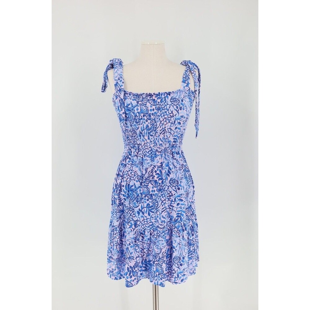 Lilly Pulitzer Kailua Pink/Blue Smocked Dress Tie Shoulder Sleeveless Women Sz M